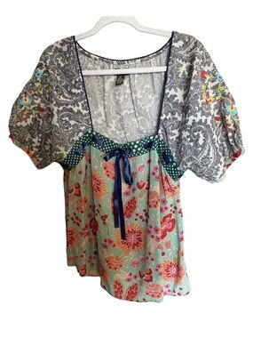 Fei Silk Boho Blouse Embroidered Floral Top Size 12